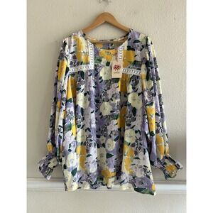 Entro Long Bishop Sleeve Floral Print Crochet Trim Blouse 1X Boho Coquette